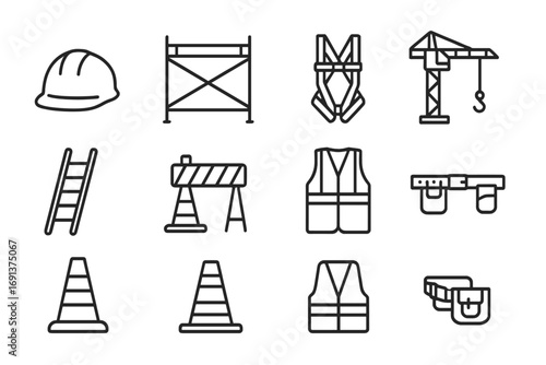 Construction Safety Icons. Outline icon set of construction site safety: helmet, scaffold, safety harness,
