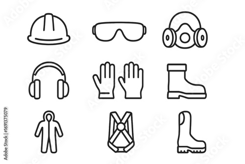 PPE Icon Grid. Outline icon set of personal protective equipment: hard hat, safety glasses, respirator mask,