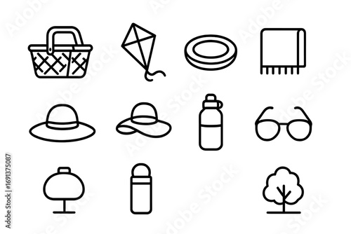 Outdoor Fun Icons. Outline icon set of organizing a fun day outdoors: picnic basket, kite, frisbee, blanket,