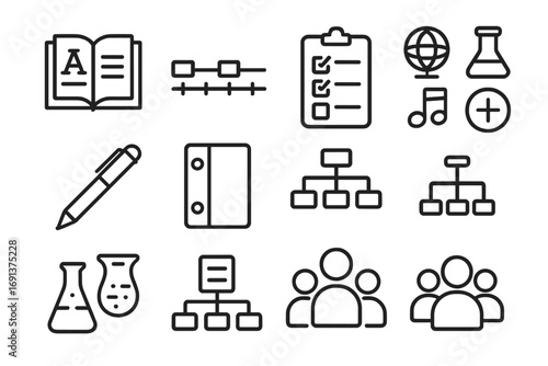 Curriculum Planning Icons. Outline icon set of curriculum planning meetings: curriculum book, timeline chart,