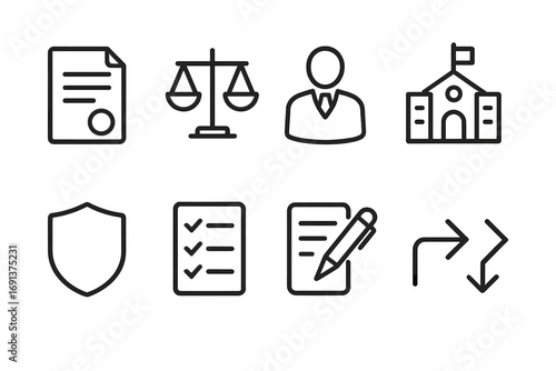 School Policy Icons. Outline icon set of school policy discussions: legal document, balance scale, principal