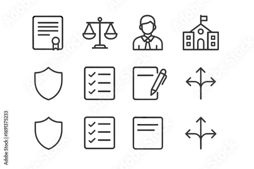 School Policy Icons. Outline icon set of school policy discussions: legal document, balance scale, principal