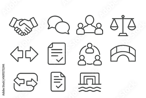 Conflict Resolution Icons. Outline icon set of conflict resolution in meetings: handshake, discussion bubbles,