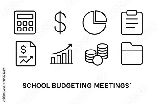 School Budget Icons. Outline icon set of school budgeting meetings: calculator, dollar sign, pie chart,
