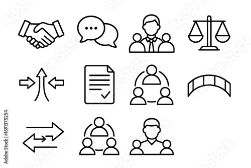 Conflict Resolution Icons. Outline icon set of conflict resolution in meetings: handshake, discussion bubbles,