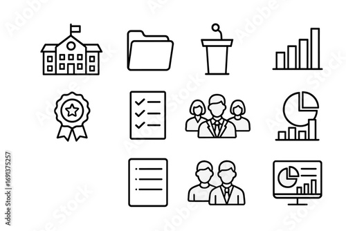 School Review Icons. Outline icon set of annual school review meetings: school building, document folder,