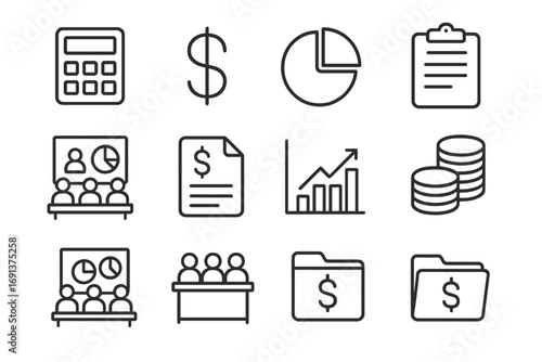 School Budget Icons. Outline icon set of school budgeting meetings: calculator, dollar sign, pie chart,
