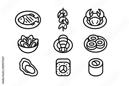 Seafood Icon Set. Outline icon set of seafood dishes: grilled fish, shrimp skewer, crab claws, mussel bowl,