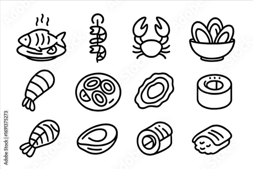 Seafood Icon Set. Outline icon set of seafood dishes: grilled fish, shrimp skewer, crab claws, mussel bowl,