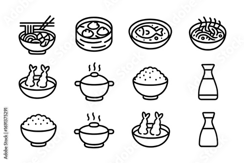 Asian Seafood Icons. Outline icon set of Asian seafood cuisine: ramen bowl with shrimp, dim sum basket, fish
