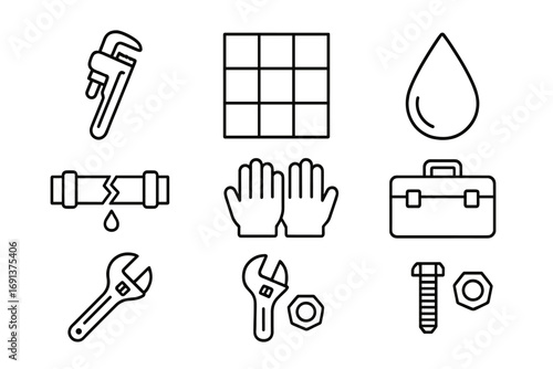 Plumbing Tools Icons. Outline icon set of pipe wrench on tiled floor: pipe wrench, tiled floor pattern, water