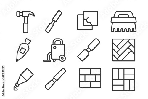 Floor Repair Icons. Outline icon set of floor repair: tile hammer, chisel, replacement tile, adhesive spreader