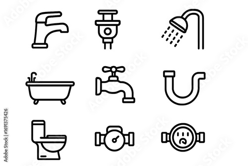 Bathroom Plumbing Icons. Outline icon set of bathroom plumbing: faucet, sink drain, showerhead, bathtub, water