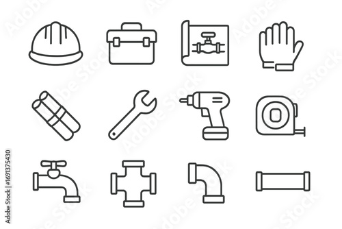 Construction Plumbing Icons. Outline icon set of construction site plumbing: hard hat, toolbox, blueprint,