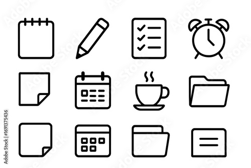 Daily Planning Icons. Outline icon set of making a to-do list for the next day: notepad, pencil, checklist,