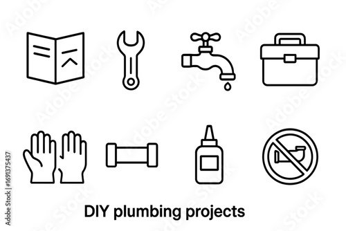 DIY Plumbing Icons. Outline icon set of DIY plumbing projects: open manual, wrench, faucet, toolbox, gloves,