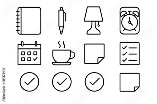 Evening Planning Icons. Outline icon set of evening planning: notebook, pen, bedside lamp, phone alarm,