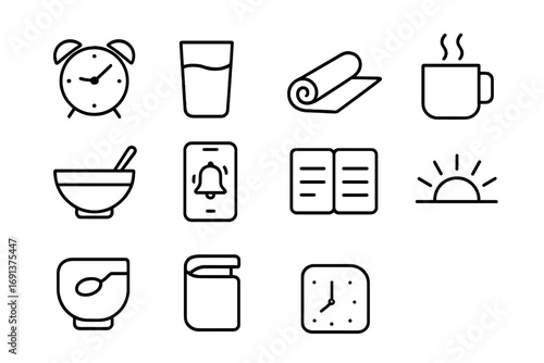Morning Routine Icons. Outline icon set of morning preparation: alarm clock, water glass, yoga mat, coffee mug