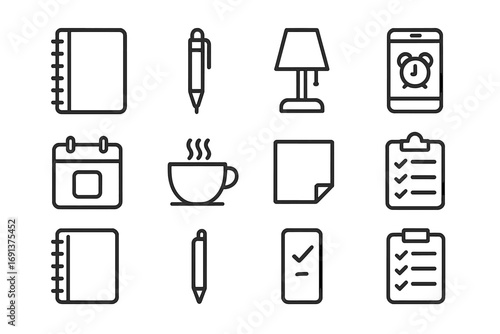 Evening Planning Icons. Outline icon set of evening planning: notebook, pen, bedside lamp, phone alarm,