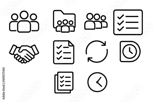 Teamwork Icons Grid. Outline icon set of team to-do lists: group of people, shared folder, group chat bubble,