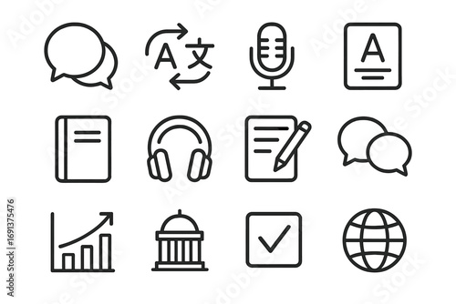 Language Learning Icons. Outline icon set of Language learning apps and tools: speech bubble icon, translation arrows,