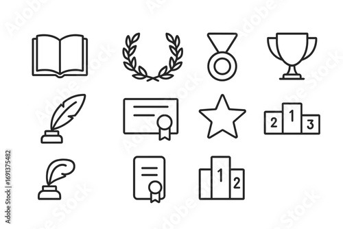 Literary Award Icons. Outline icon set of literary awards: open book, laurel wreath, award medal, trophy cup,