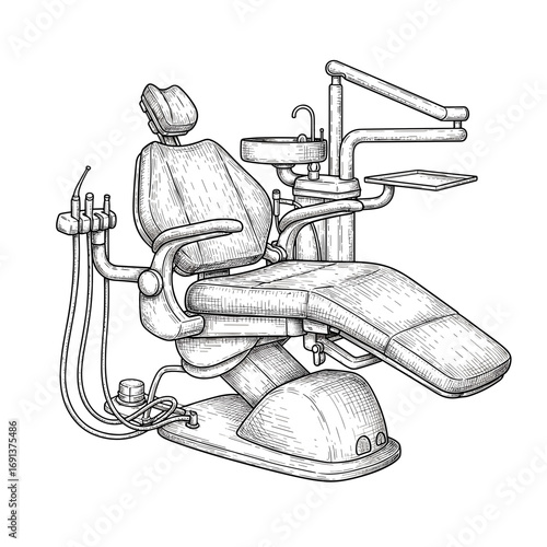 Dentist chair – detailed hand-drawn black and white vintage sketch of a dental chair with adjustable headrest and armrests, ideal for medical illustrations, clinic posters, or equipment catalogs