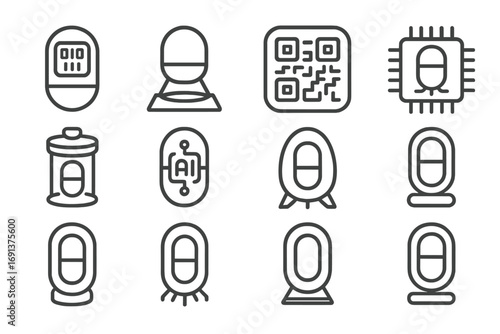 Futuristic Icon Grid. Outline icon set of futuristic time capsule: digital capsule, hologram, QR code,