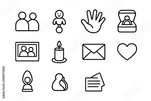 Family Time Capsule Icons. Outline icon set of family time capsule: family silhouette, baby toy, handprint,