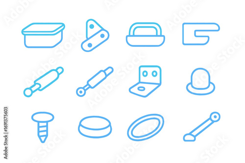 Laundry Hamper Icons. Gradient icons set of basic laundry hamper lid components: lid panel, hinge, handle grip, latch clasp,