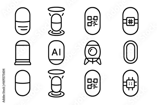 Futuristic Icon Grid. Outline icon set of futuristic time capsule: digital capsule, hologram, QR code,