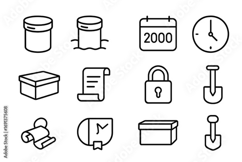 Time Capsule Icons. Outline icon set of time capsule design: sealed container, buried capsule, date stamp,