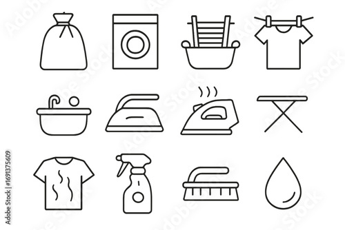 Laundry Care Icons. Outline icon set of laundry and garment care on road: laundry bag, detergent pack, washboard, sink, hang dry