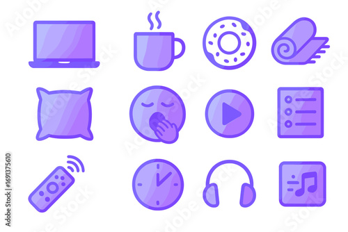 Late-Night Binge Icons. Gradient icons set of late-night binge-watching: laptop screen, coffee mug, donut, blanket, pillow,