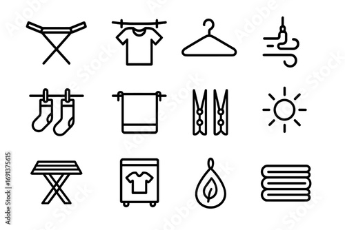 Laundry Drying Icons. Outline icon set of drying and airing laundry: drying rack, clothesline with shirt, hanger, sock drying,