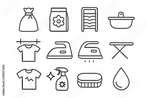 Laundry Care Icons. Outline icon set of laundry and garment care on road: laundry bag, detergent pack, washboard, sink, hang dry