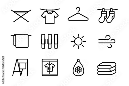 Laundry Drying Icons. Outline icon set of drying and airing laundry: drying rack, clothesline with shirt, hanger, sock drying,