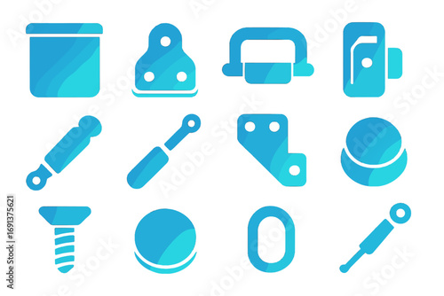 Laundry Hamper Icons. Gradient icons set of basic laundry hamper lid components: lid panel, hinge, handle grip, latch clasp,