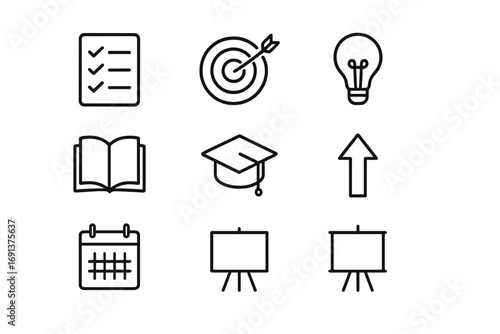 Learning Icon Set. Outline icon set of learning goals on a poster: checklist, target icon, light bulb, open