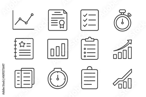 Academic Icons Grid. Outline icon set of academic progress tracking: progress chart, report card, checklist,