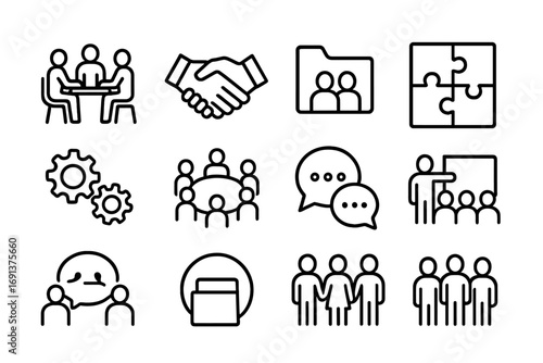 Teamwork Goals Icons. Outline icon set of teamwork learning goals: group discussion, handshake, shared folder,