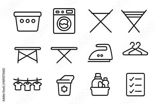Laundry Workflow Icons. Outline icon set of laundry workflow zones: sorting bin, washing machine, tumble dryer, drying rack,