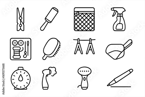 Laundry Tools Icons. Outline icon set of laundry accessories: clothespin, lint roller, mesh laundry bag, stain remover spray,