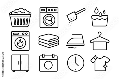 Laundry Workflow Icons. Outline icon set of laundry workflow: laundry basket full, washing machine running, detergent scoop, rinse