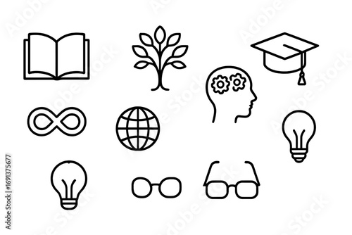 Lifelong Learning Icons. Outline icon set of lifelong learning: open book, tree of knowledge, brain with gears