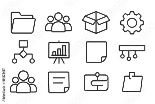 Project Learning Icons. Outline icon set of project-based learning: project folder, teamwork icon, prototype