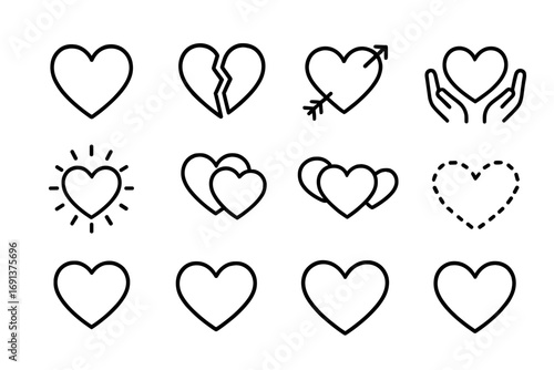 Heart Icon Set. Outline icon set of heart-shaped designs and symbols: simple heart, broken heart, heart with