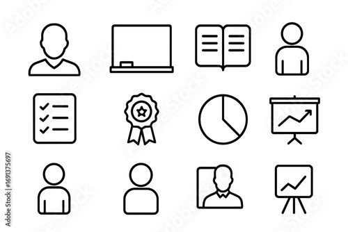 Teacher's Learning Goals Icons. Outline icon set of teacher’s learning goals posters: teacher silhouette,
