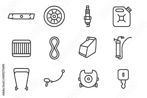 Lawn Equipment Icons. Outline icon set of fixing lawn equipment: lawnmower blade, mower wheel, spark plug, fuel can, air filter,