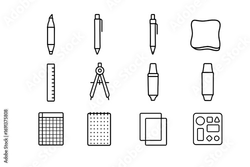 Lettering Supplies Icons. Outline icon set of modern lettering supplies: dual-tip brush pen, fineliner, mechanical pencil, kneaded